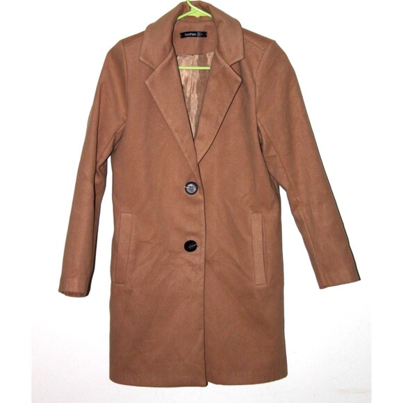 Boohoo Pea Coat Jacket Women Tan Size 6 Made In Italy Brushed Wool Look Lined - Picture 1 of 8